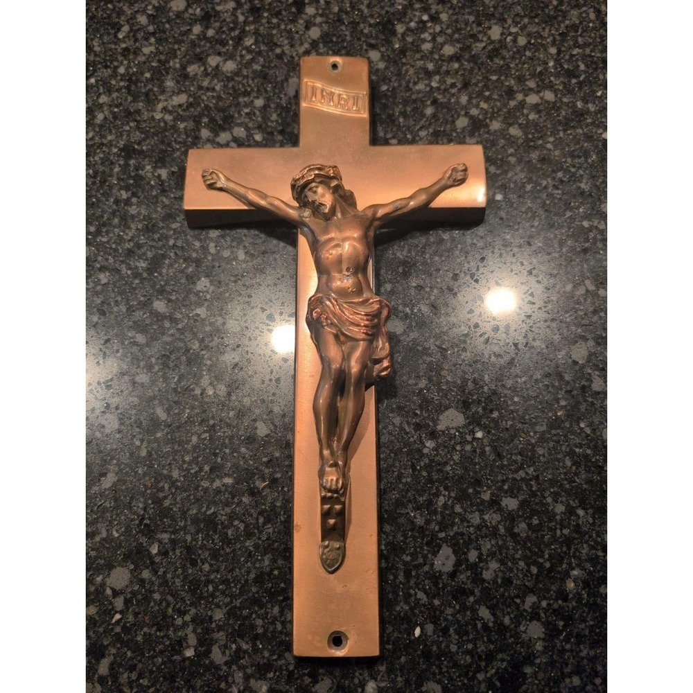 Vintage Parsons Crucifix Casket Topper Copper Color Metal Curved 12" Tall 6"W